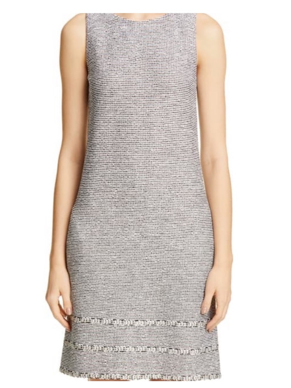 St. John Cream + Black Tweed Knit Dress | Fringe Hem | Luxe Minimalist Shift | 8